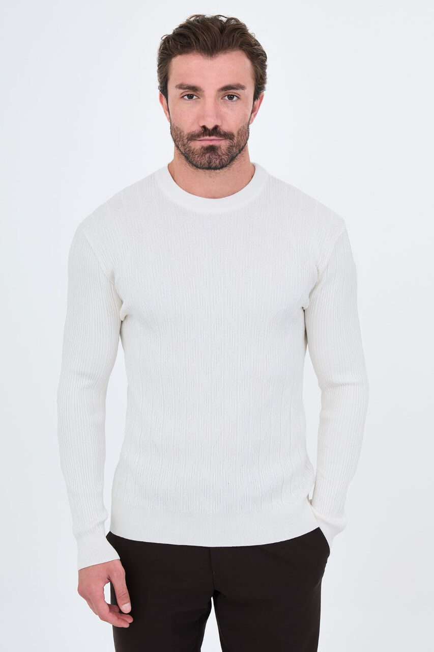 Men's ecru textured crew neck knit sweater with patterned knit design for fall winter menswear.