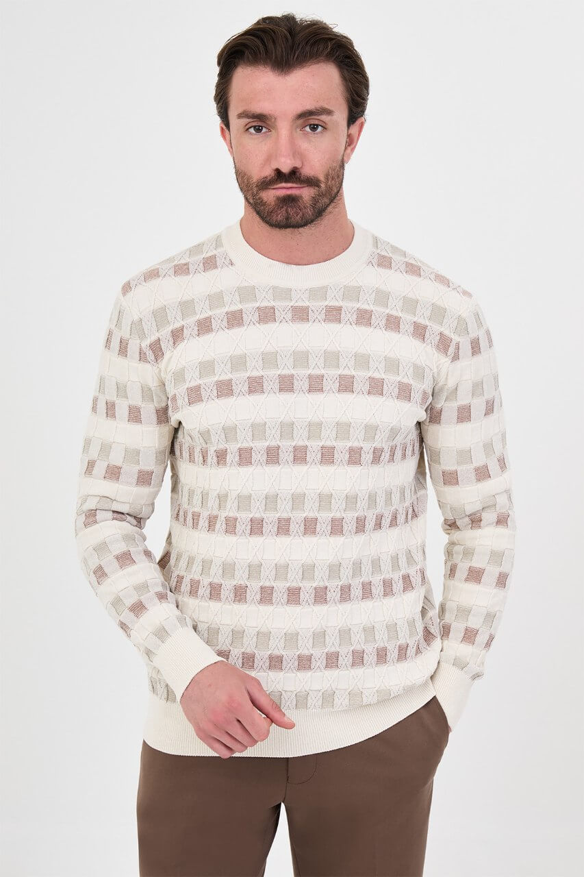 Men's ecru textured crew neck knit sweater with square pattern detail for fall and winter styling