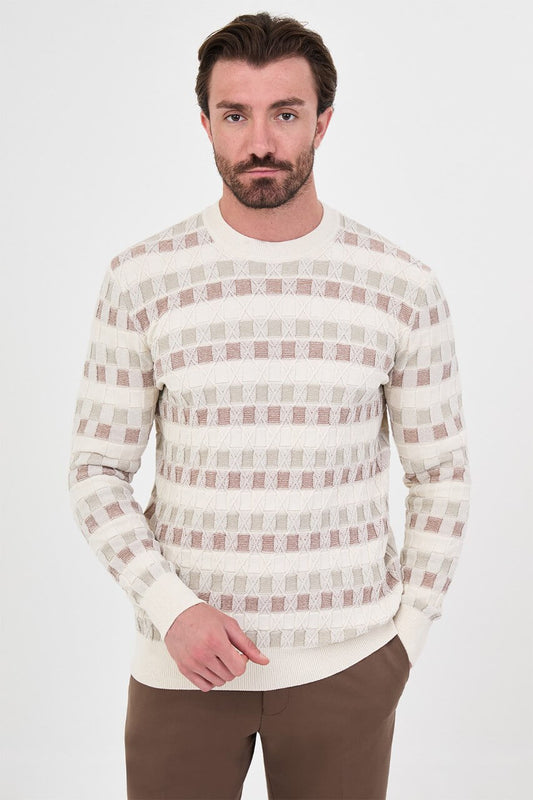 Men's ecru textured crew neck knit sweater with square pattern detail for fall and winter styling