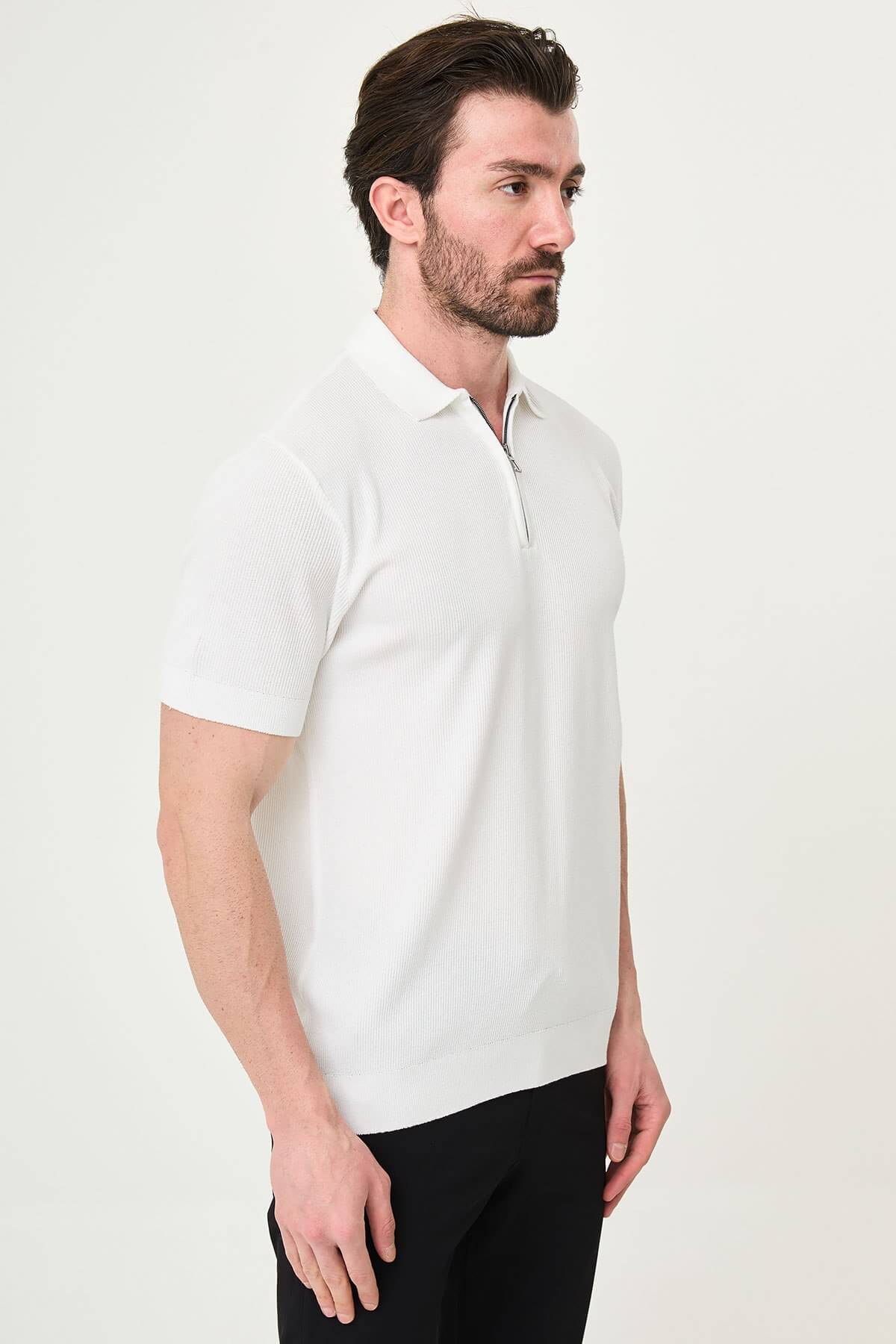 Men’s ecru slim-fit quarter-zip knit polo shirt with ribbed texture, short sleeves, classic collar, and modern luxury casual design.