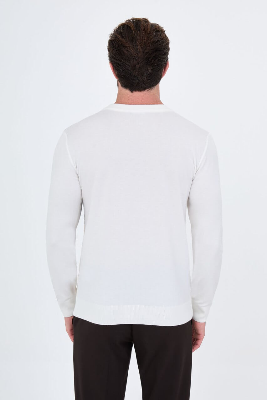 Men's ecru colour-block crew neck sweater with beige and mink-brown panels.