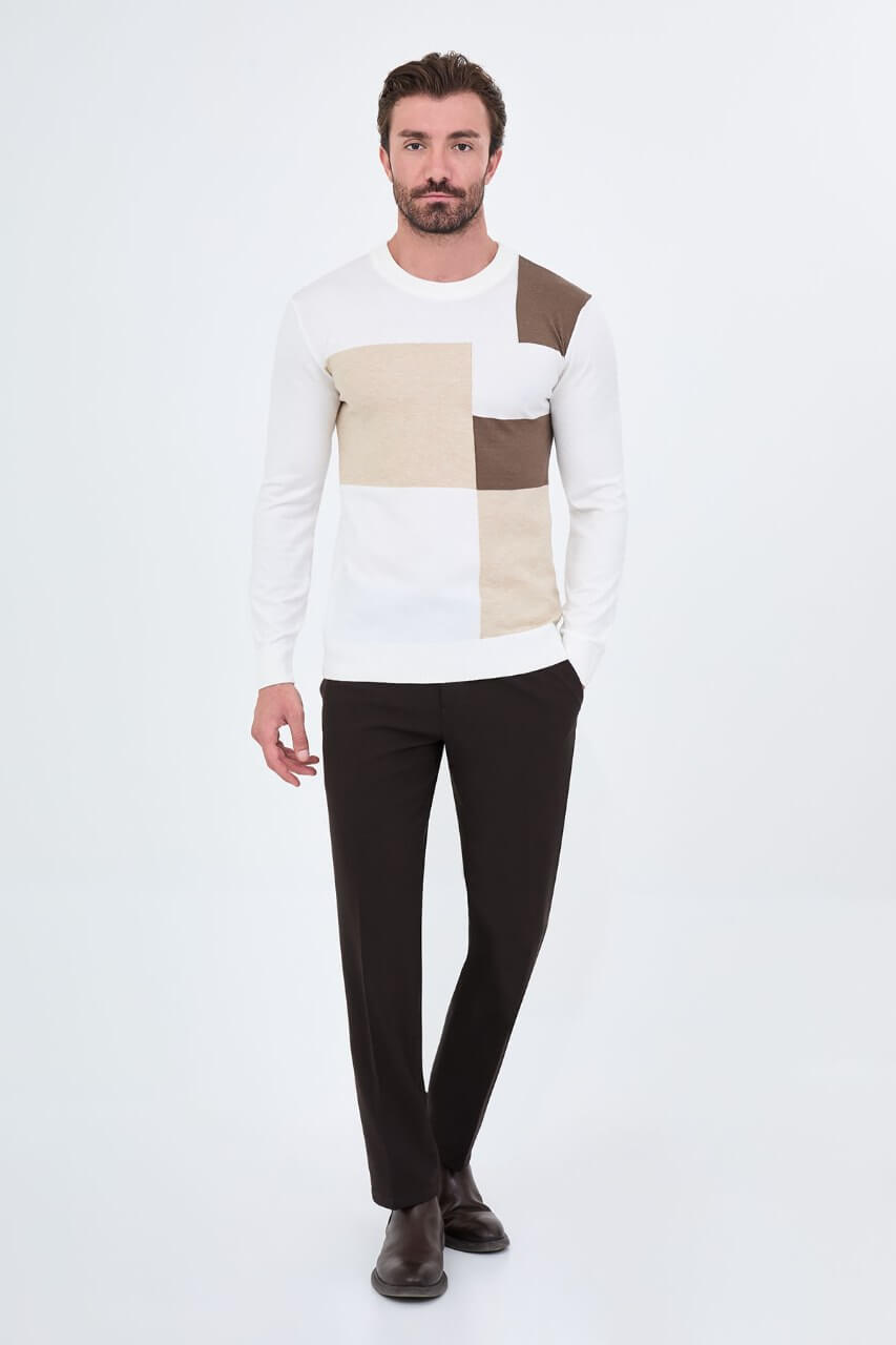 Men's ecru colour-block crew neck sweater with beige and mink-brown panels.
