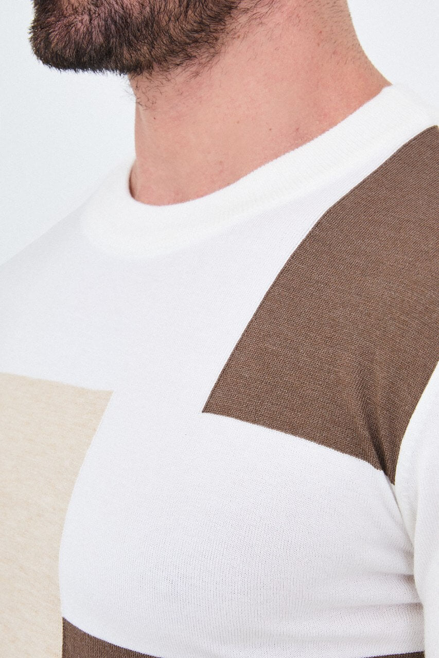 Men's ecru colour-block crew neck sweater with beige and mink-brown panels.