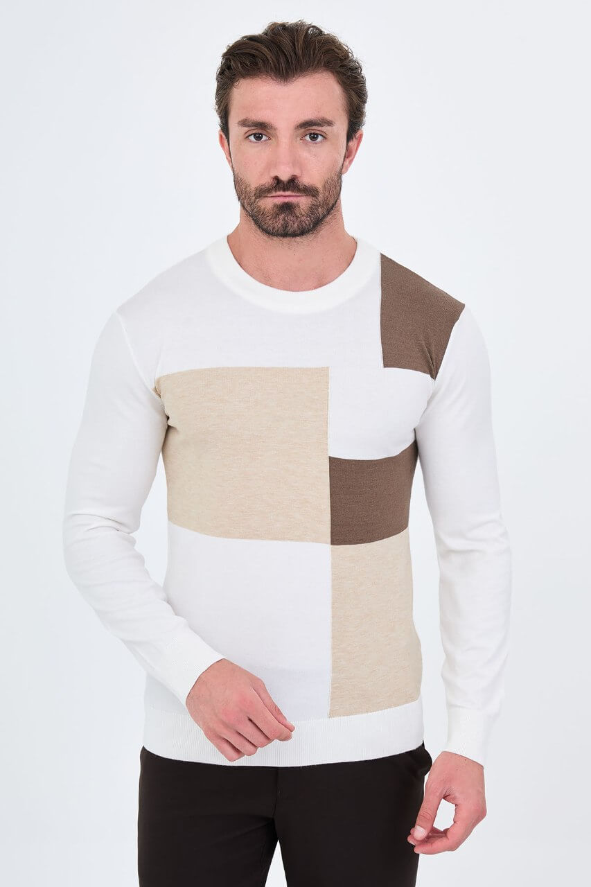 Men's ecru colour-block crew neck sweater with beige and mink-brown panels.