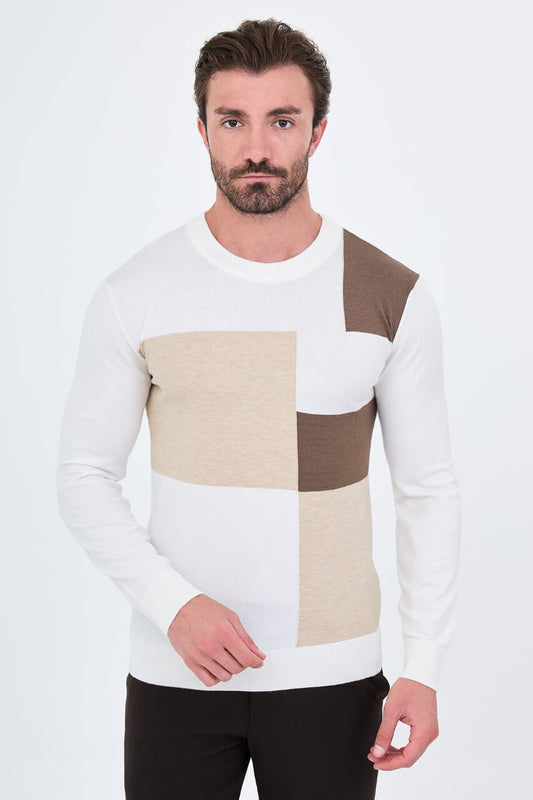Men's ecru colour-block crew neck sweater with beige and mink-brown panels.