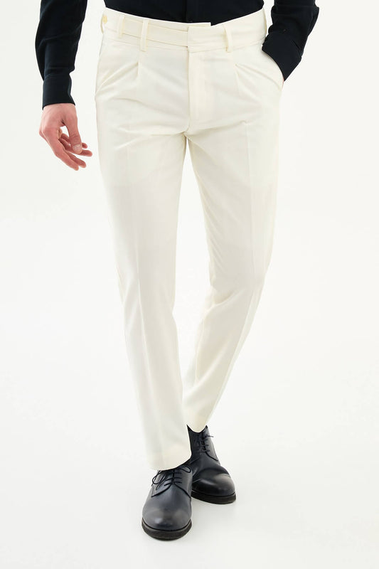 Ecru slim-fit straight-leg pleated trousers for men, styled with black leather shoes, perfect for summer formal and business wear.