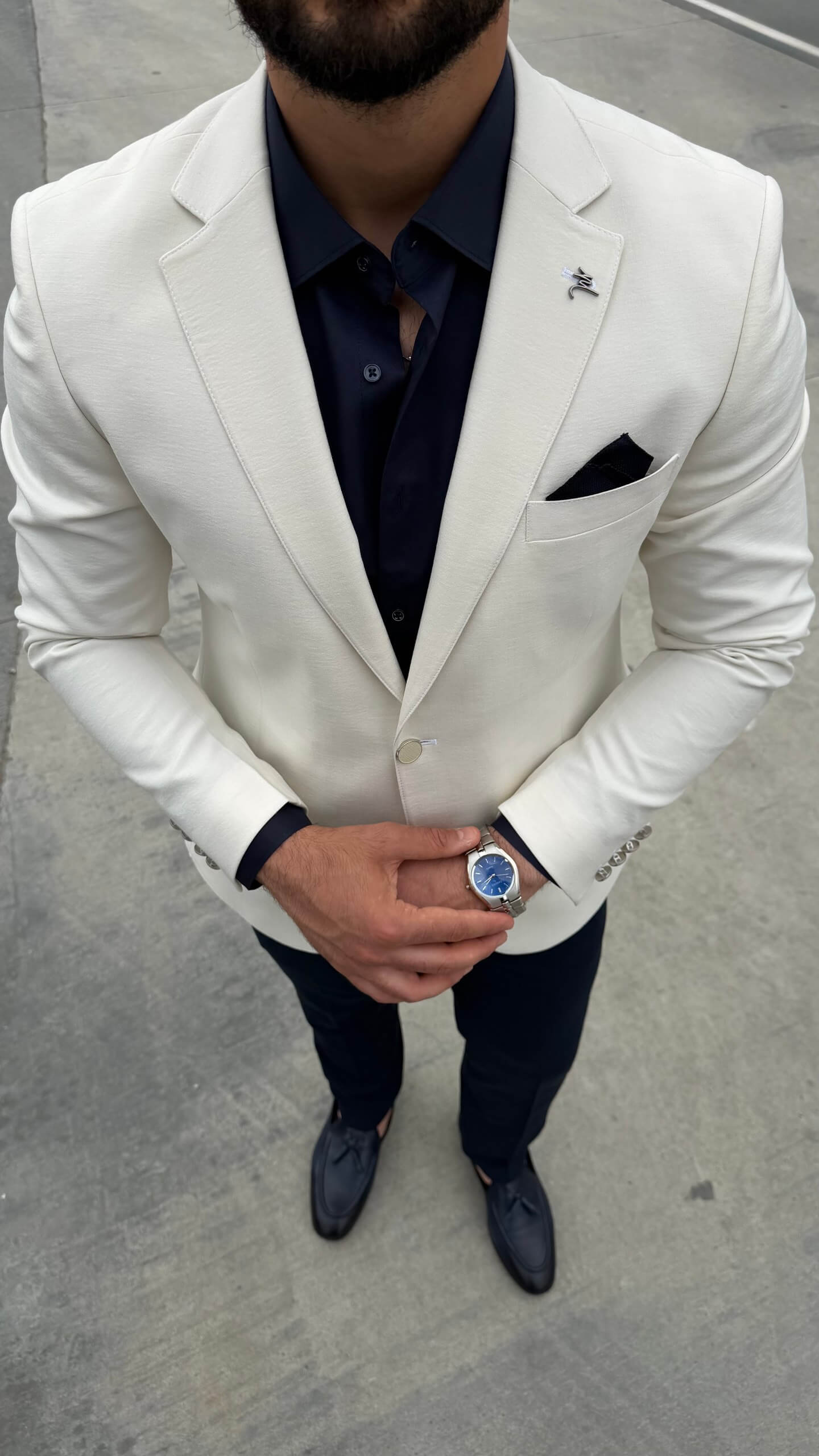 Men's Ecru Textured Blazer Combination Suit, consisting of a double-breasted blazer and slim-fit trousers