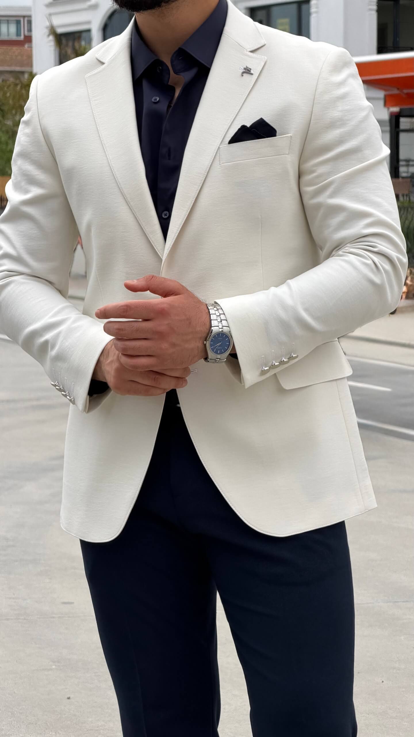 Men's Ecru Textured Blazer Combination Suit, consisting of a double-breasted blazer and slim-fit trousers