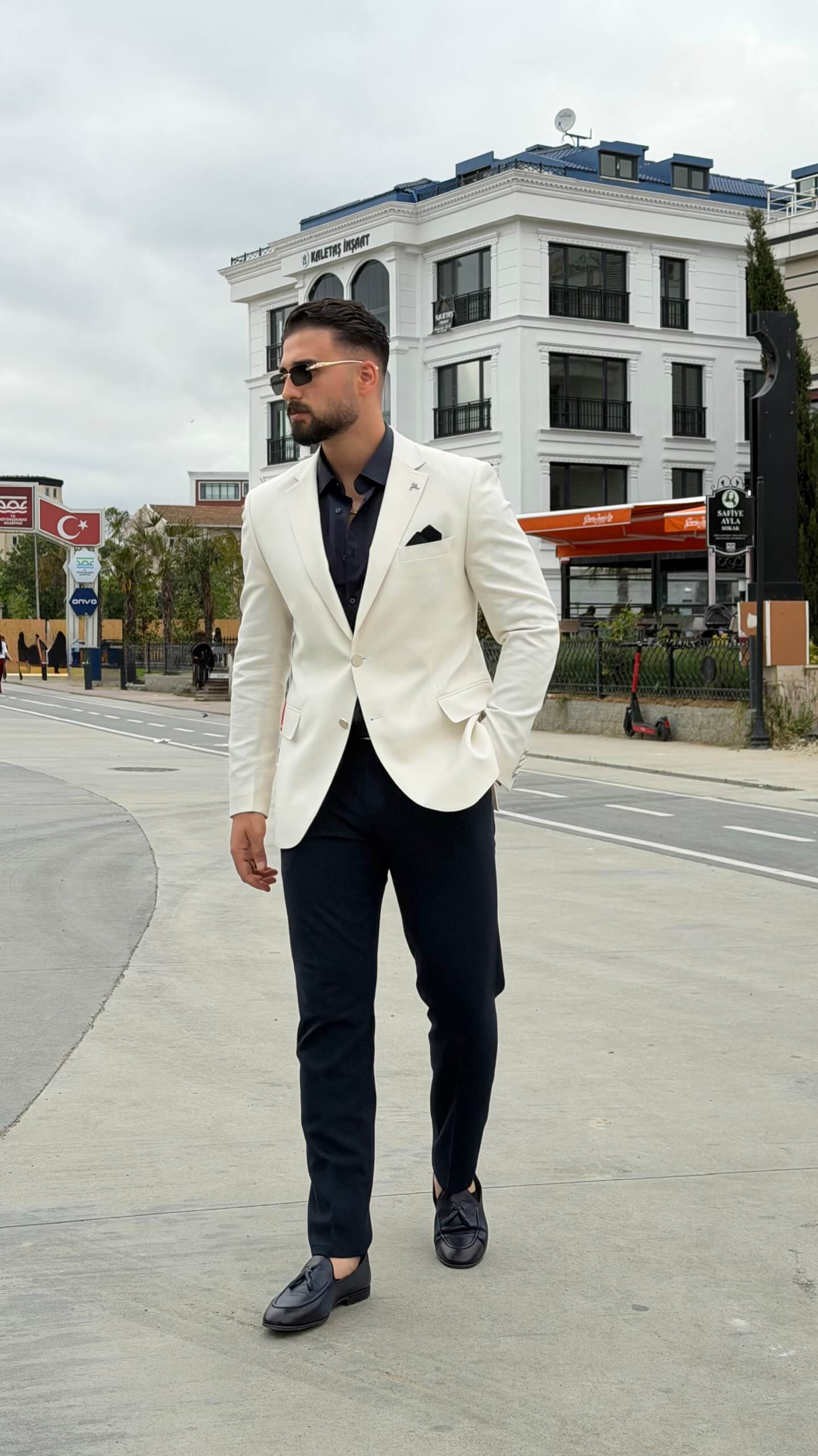 Men's Ecru Textured Blazer Combination Suit, consisting of a double-breasted blazer and slim-fit trousers