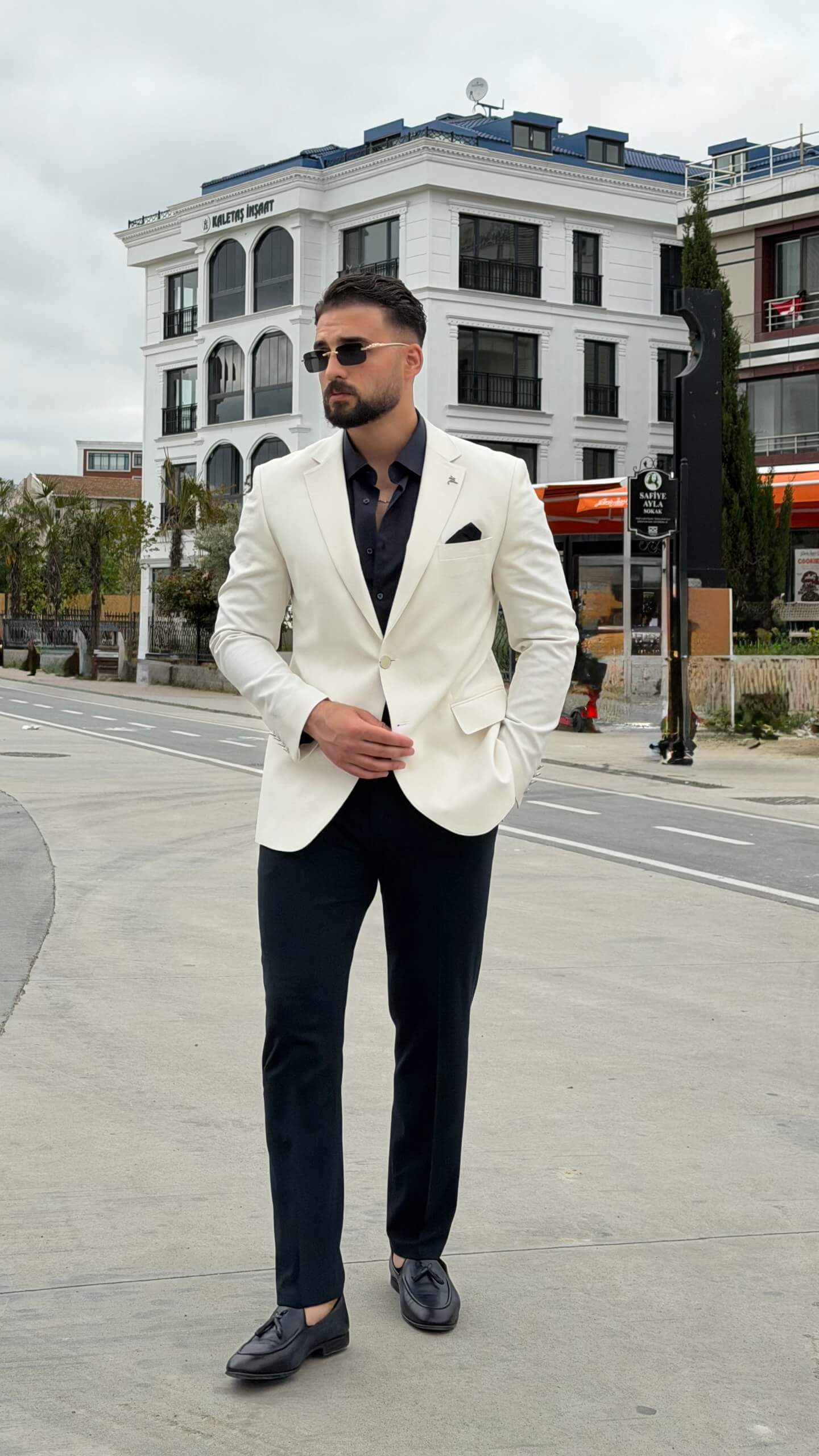 Men's Ecru Textured Blazer Combination Suit, consisting of a double-breasted blazer and slim-fit trousers