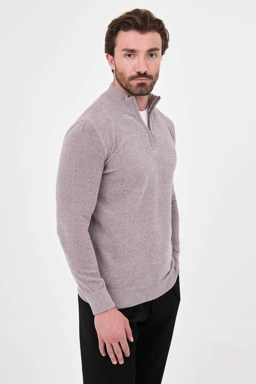 Men’s grey zip neck knit sweater in a cotton blend slim fit design styled for fall winter smart casual outfits.