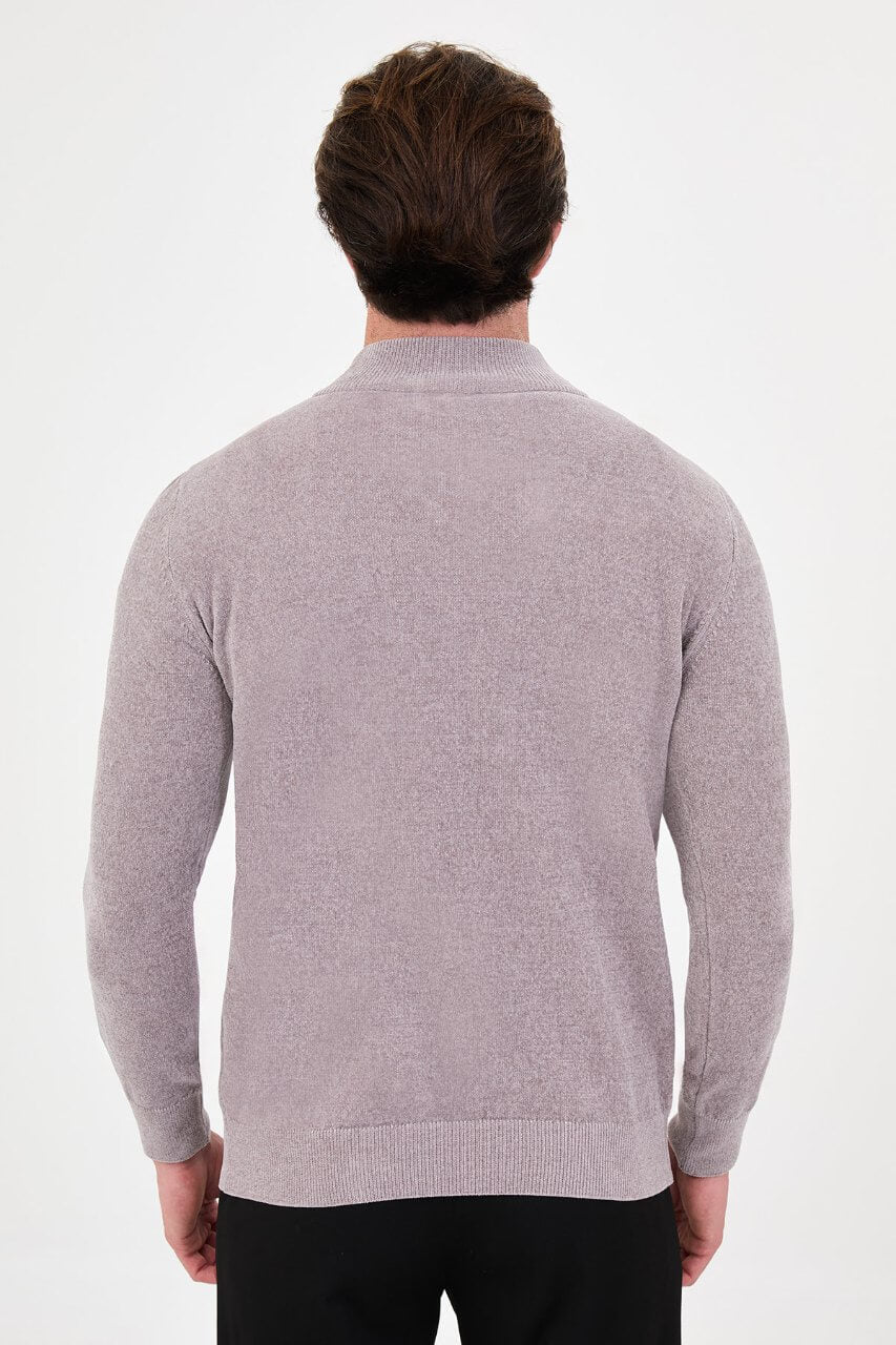Men’s grey zip neck knit sweater in a cotton blend slim fit design styled for fall winter smart casual outfits.