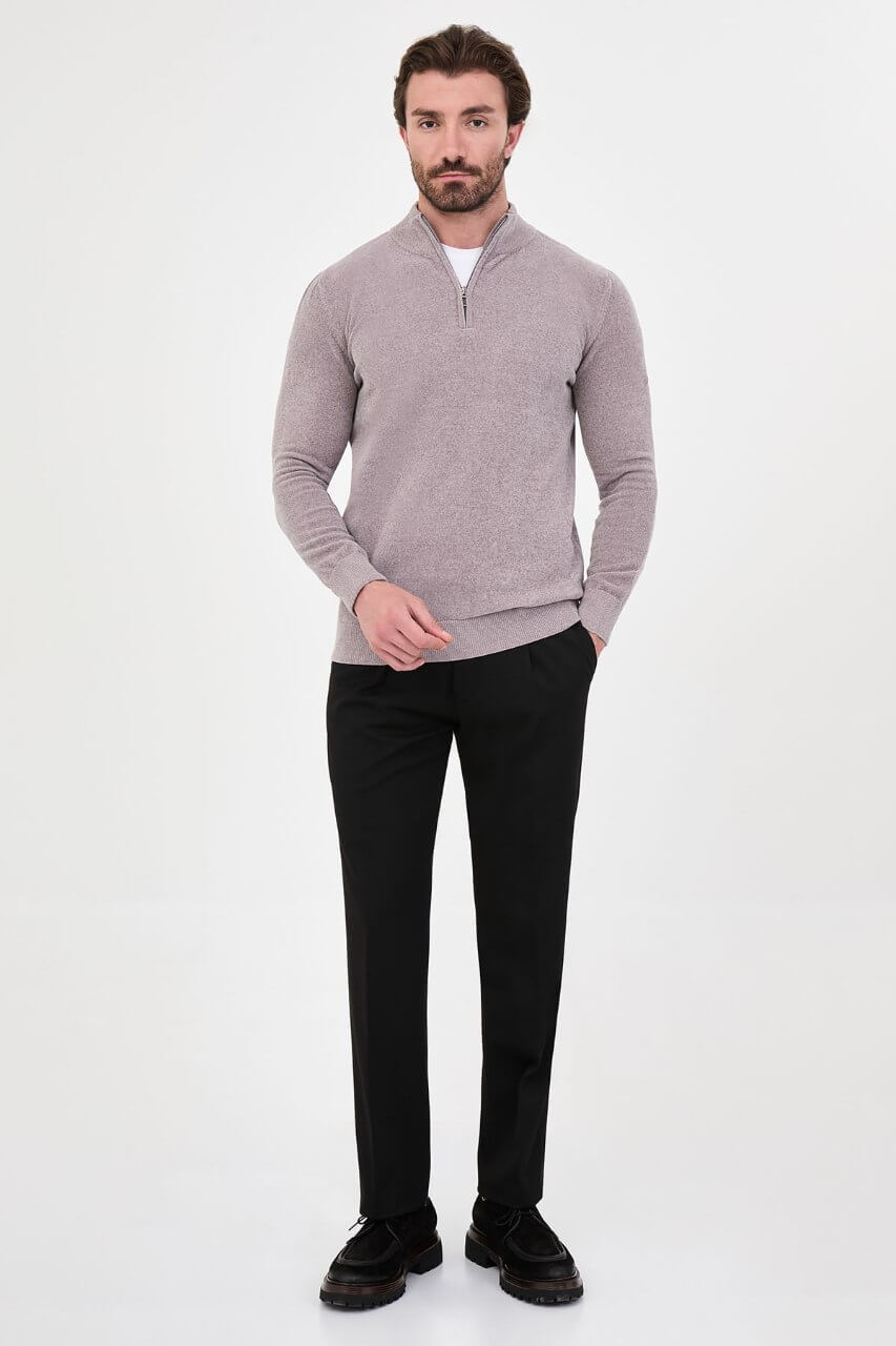 Men’s grey zip neck knit sweater in a cotton blend slim fit design styled for fall winter smart casual outfits.