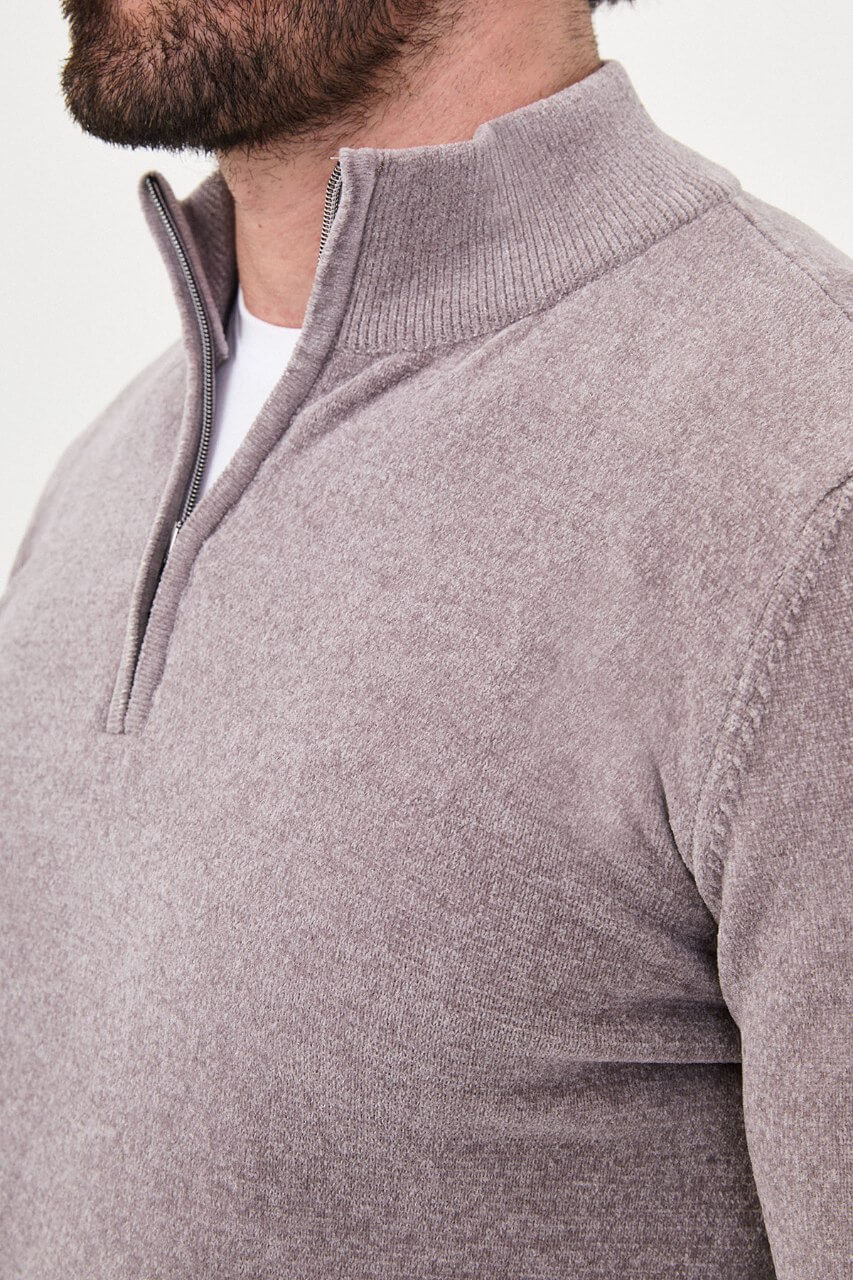 Men’s grey zip neck knit sweater in a cotton blend slim fit design styled for fall winter smart casual outfits.