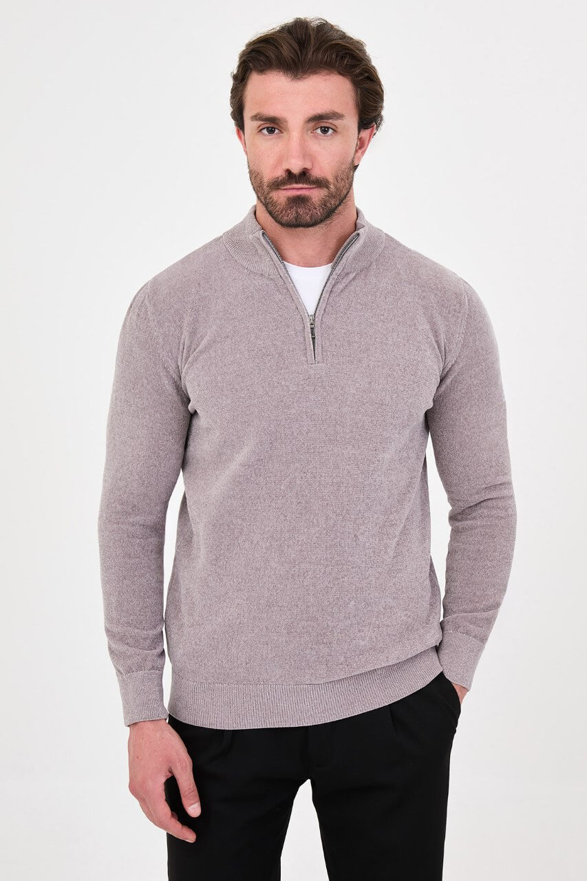 Men’s grey zip neck knit sweater in a cotton blend slim fit design styled for fall winter smart casual outfits.