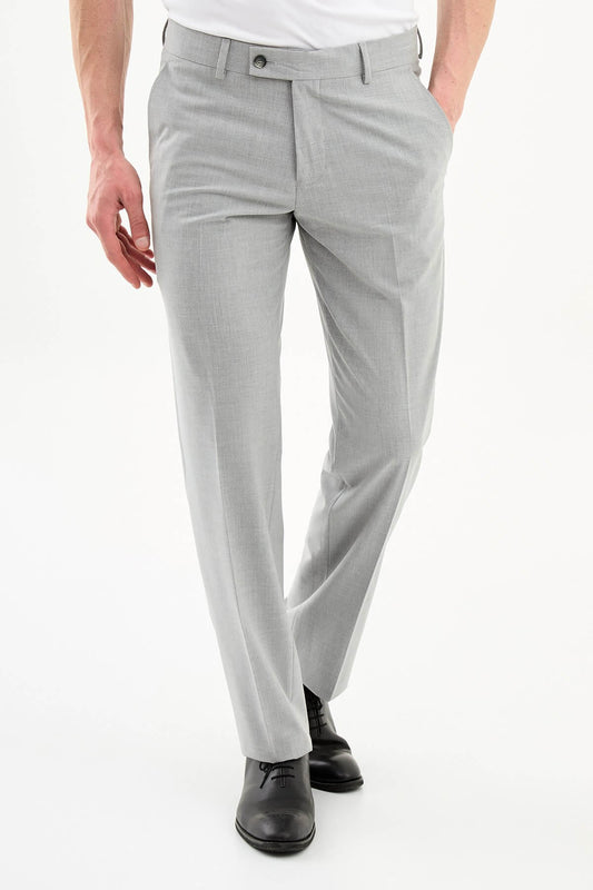 Men wearing gray slim-fit formal trousers with black dress shoes, styled for summer office and formal occasions.