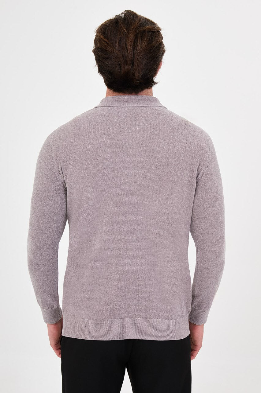 Men's grey textured crew neck knit sweater for fall winter menswear.