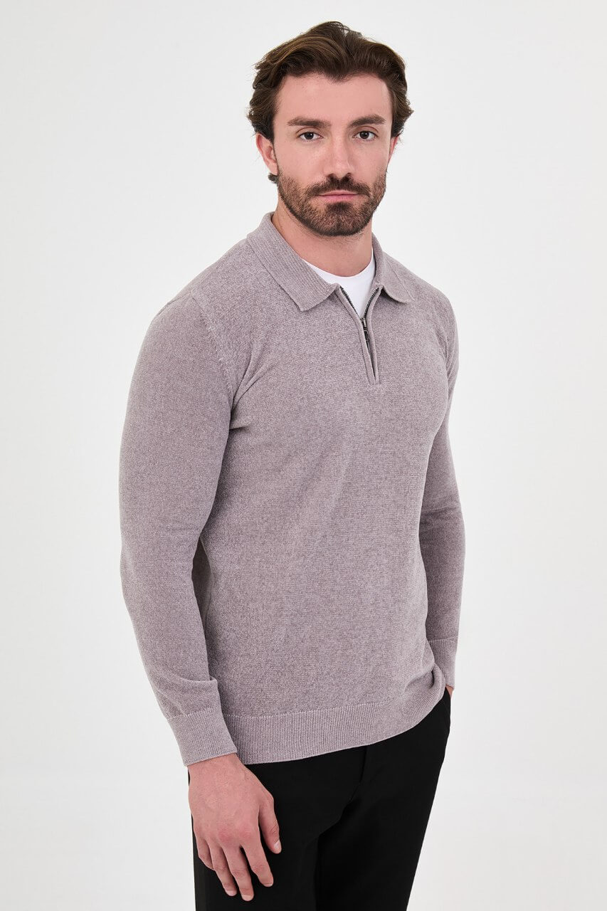 Men's grey textured crew neck knit sweater for fall winter menswear.
