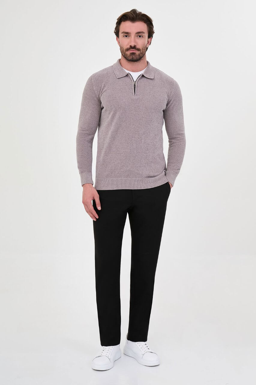 Men's grey textured crew neck knit sweater for fall winter menswear.