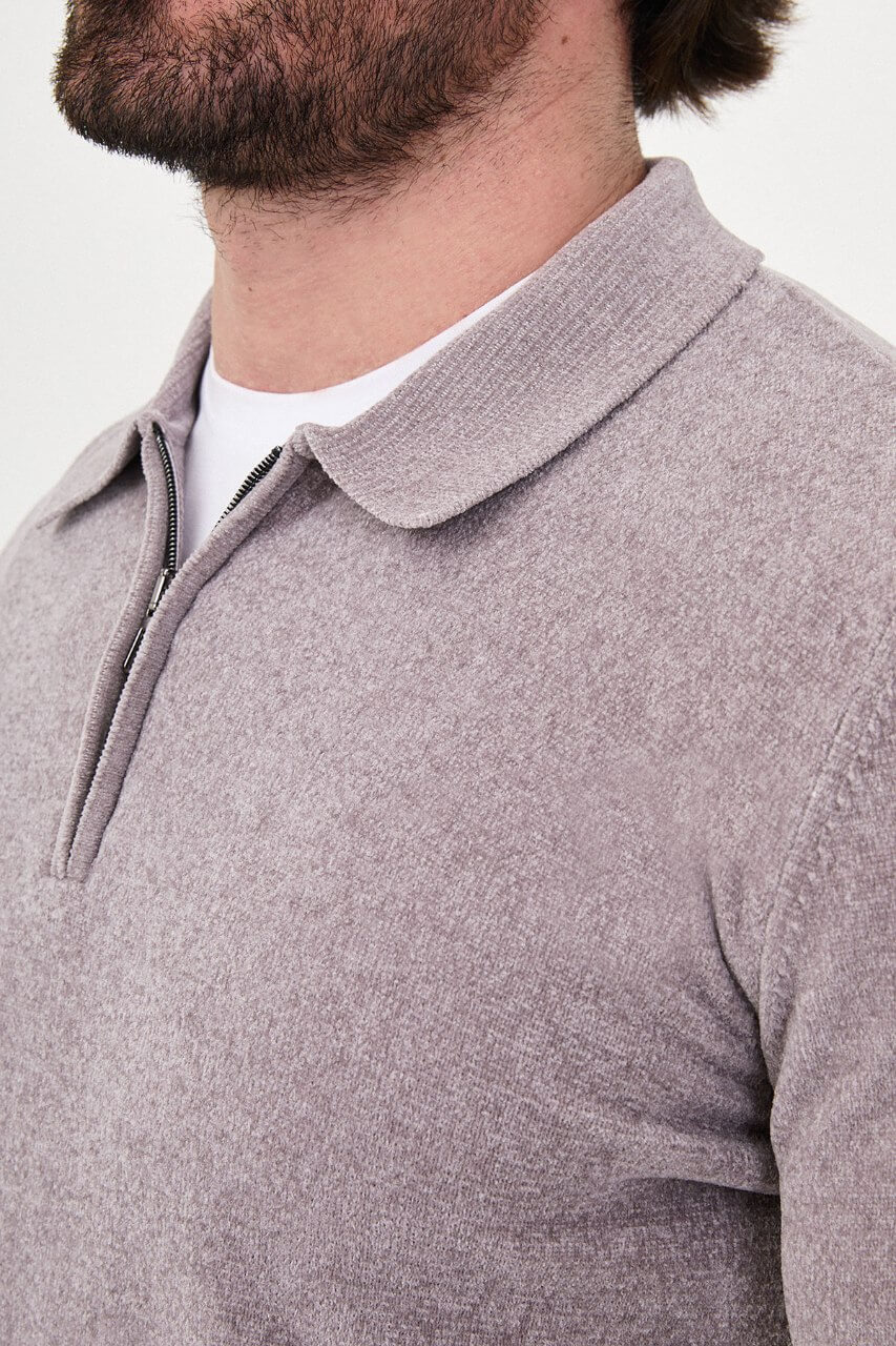 Men's grey textured crew neck knit sweater for fall winter menswear.