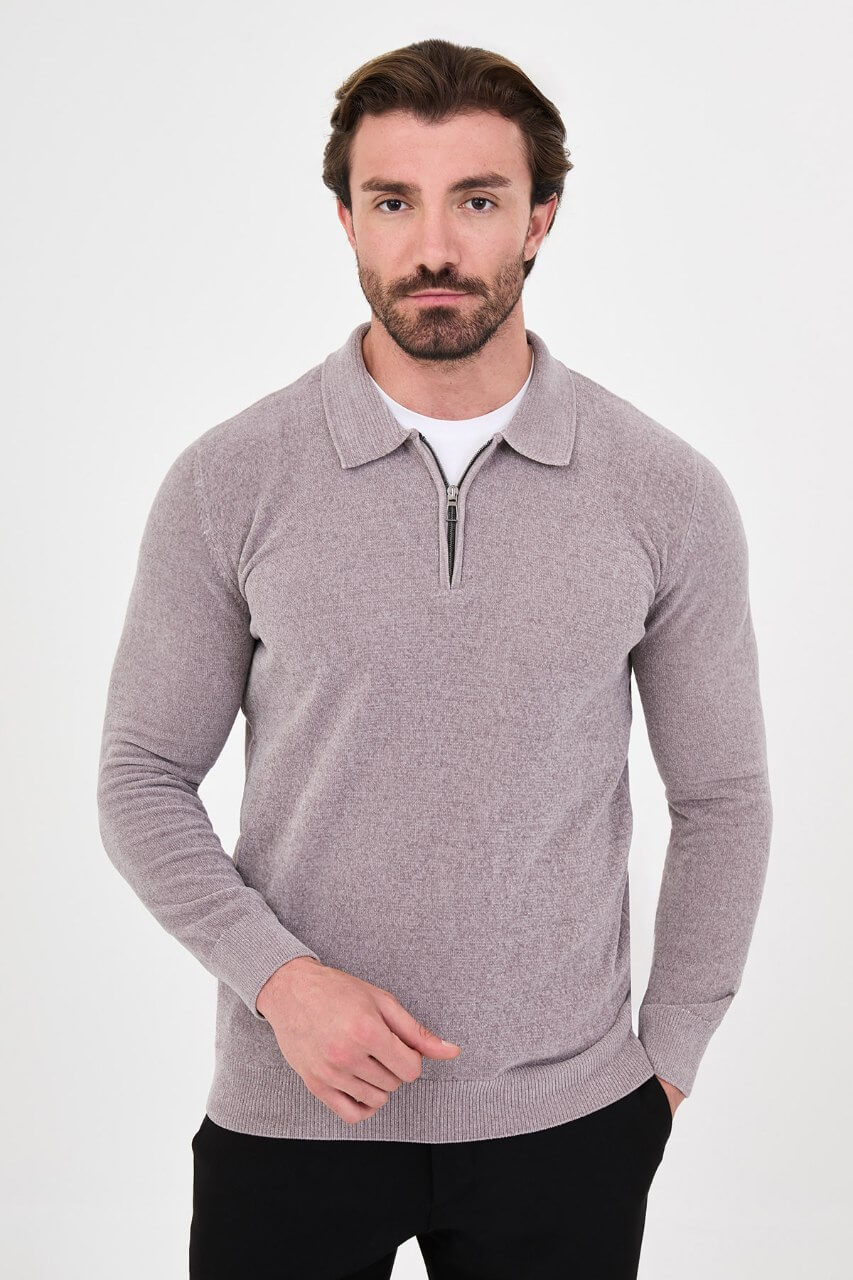 Men's grey textured crew neck knit sweater for fall winter menswear.