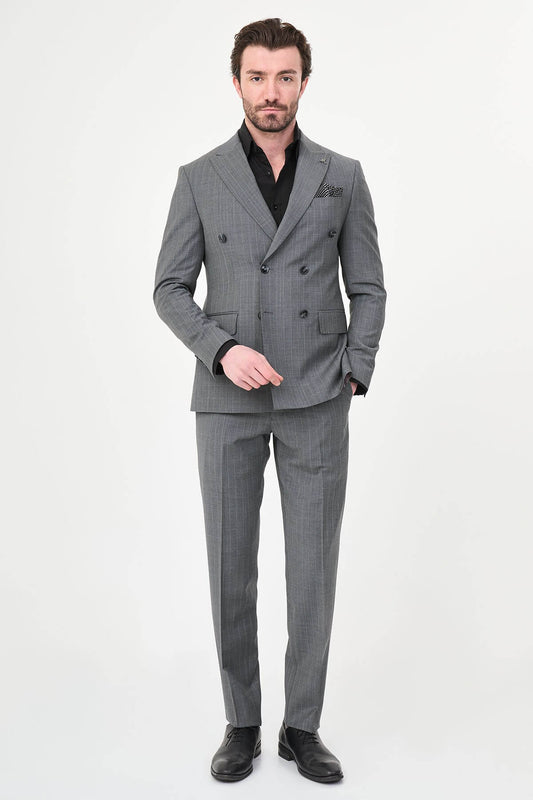 Men’s Gray Pinstripe Double-Breasted Suit, showing slim-fit trousers and black oxford shoes.
