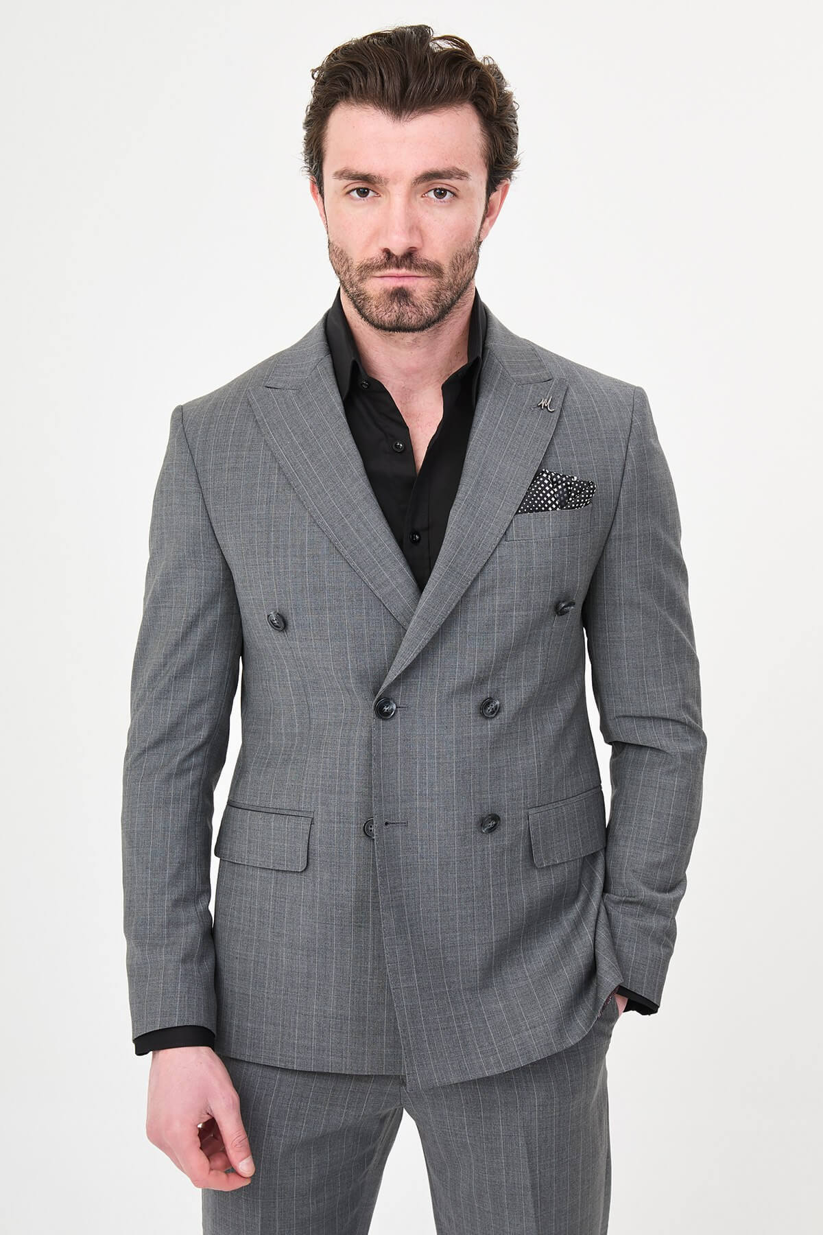 Men’s Gray Pinstripe Double-Breasted Suit, showing slim-fit trousers and black oxford shoes.