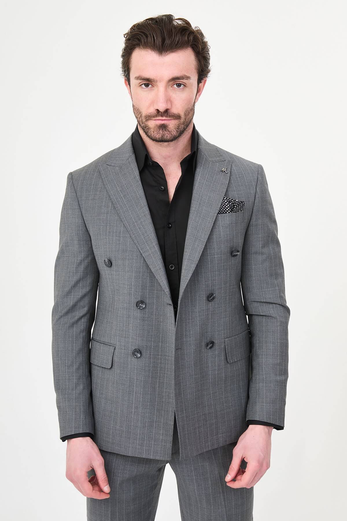 Men’s Gray Pinstripe Double-Breasted Suit, showing slim-fit trousers and black oxford shoes.
