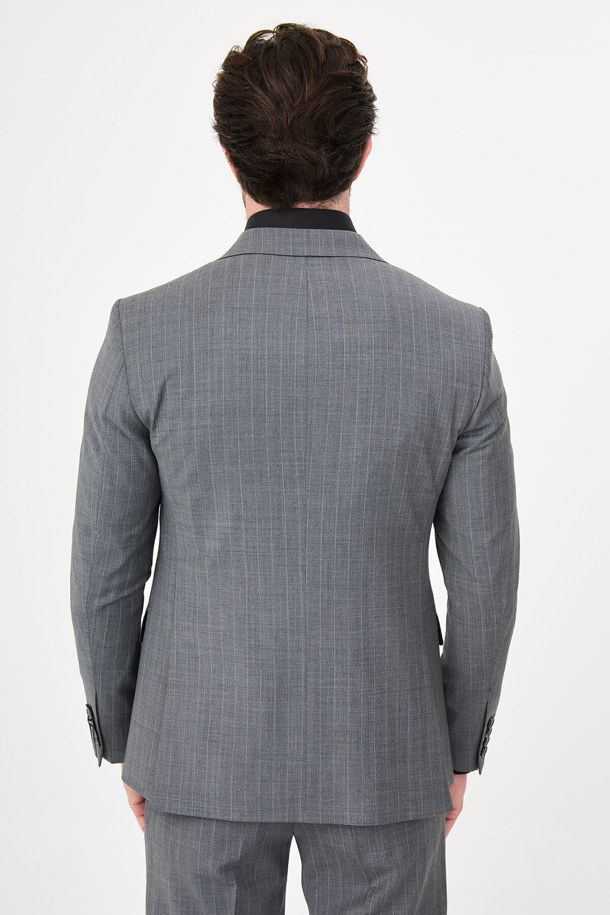 Men’s Gray Pinstripe Double-Breasted Suit, showing slim-fit trousers and black oxford shoes.
