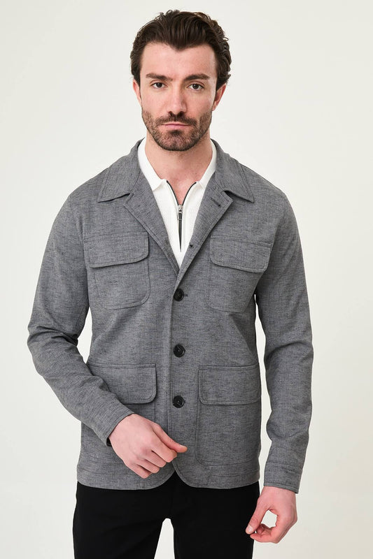 Men’s Gray Utility Jacket - Slim Fit Casual Blazer