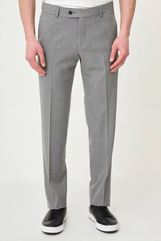 Gray slim-fit formal trousers with front pleats, styled with black or brown leather shoes, ideal for summer office and semi-formal occasions.