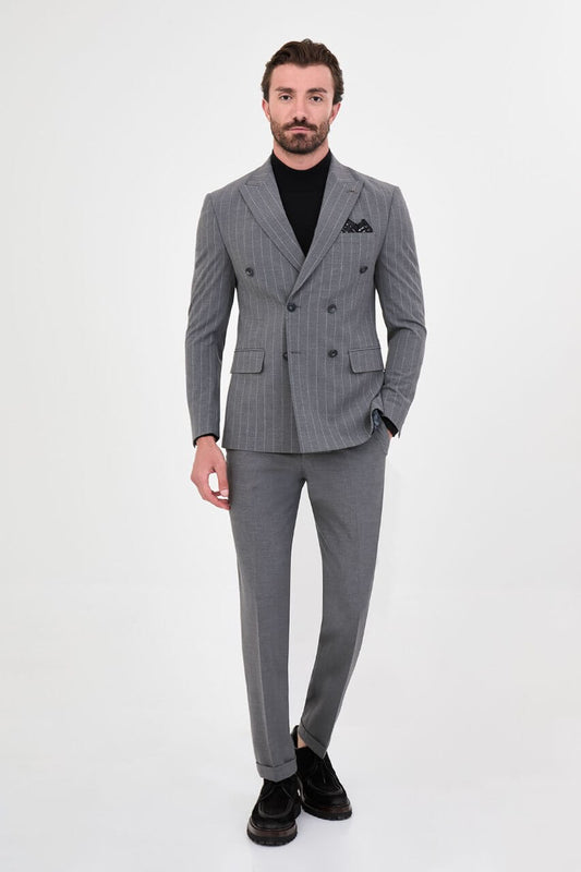 HolloMen men's grey pinstripe double-breasted suit with peak lapels, six-button jacket, and matching trousers styled with a black turtleneck.