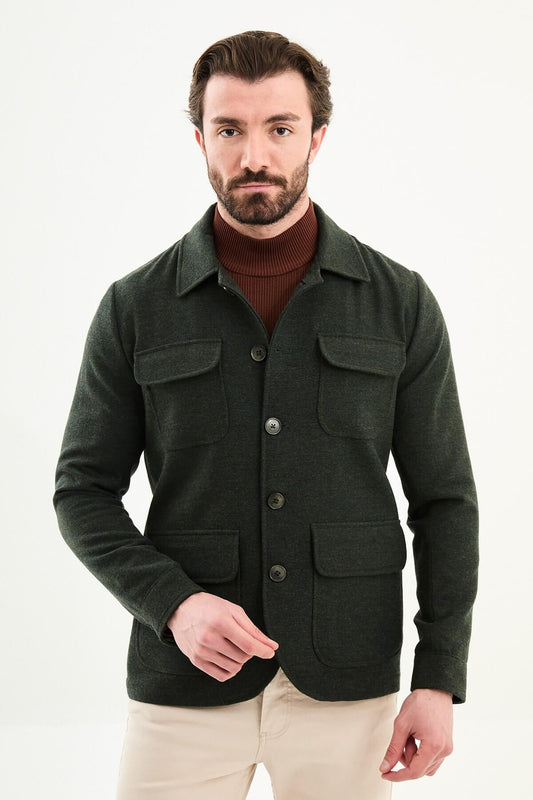 Men’s dark green wool blend utility jacket with button-up front and four pockets, regular fit smart casual layering jacket styled with beige trousers and brown turtleneck sweater
