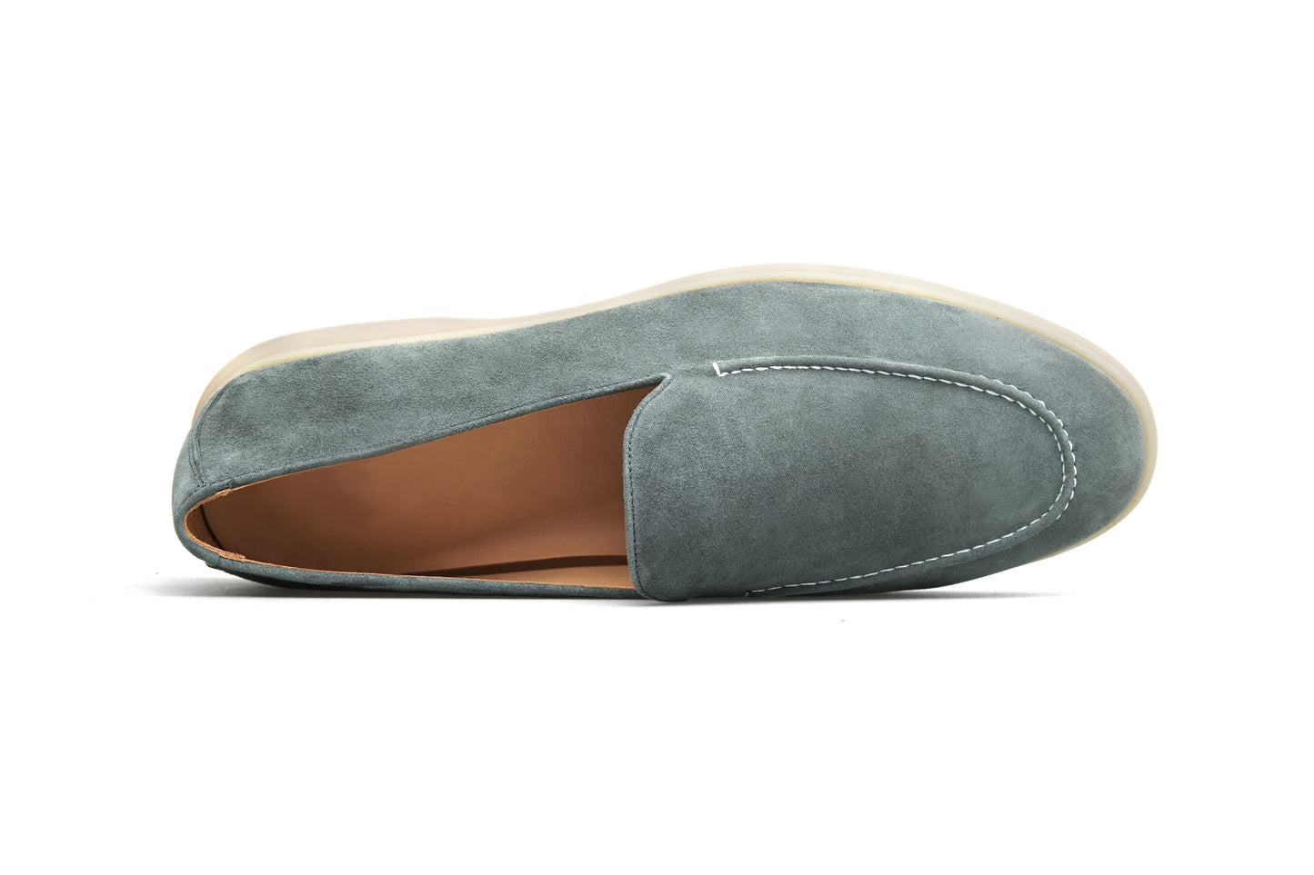 Men’s grey suede leather casual slip-on loafers with moccasin stitching and lightweight sole.