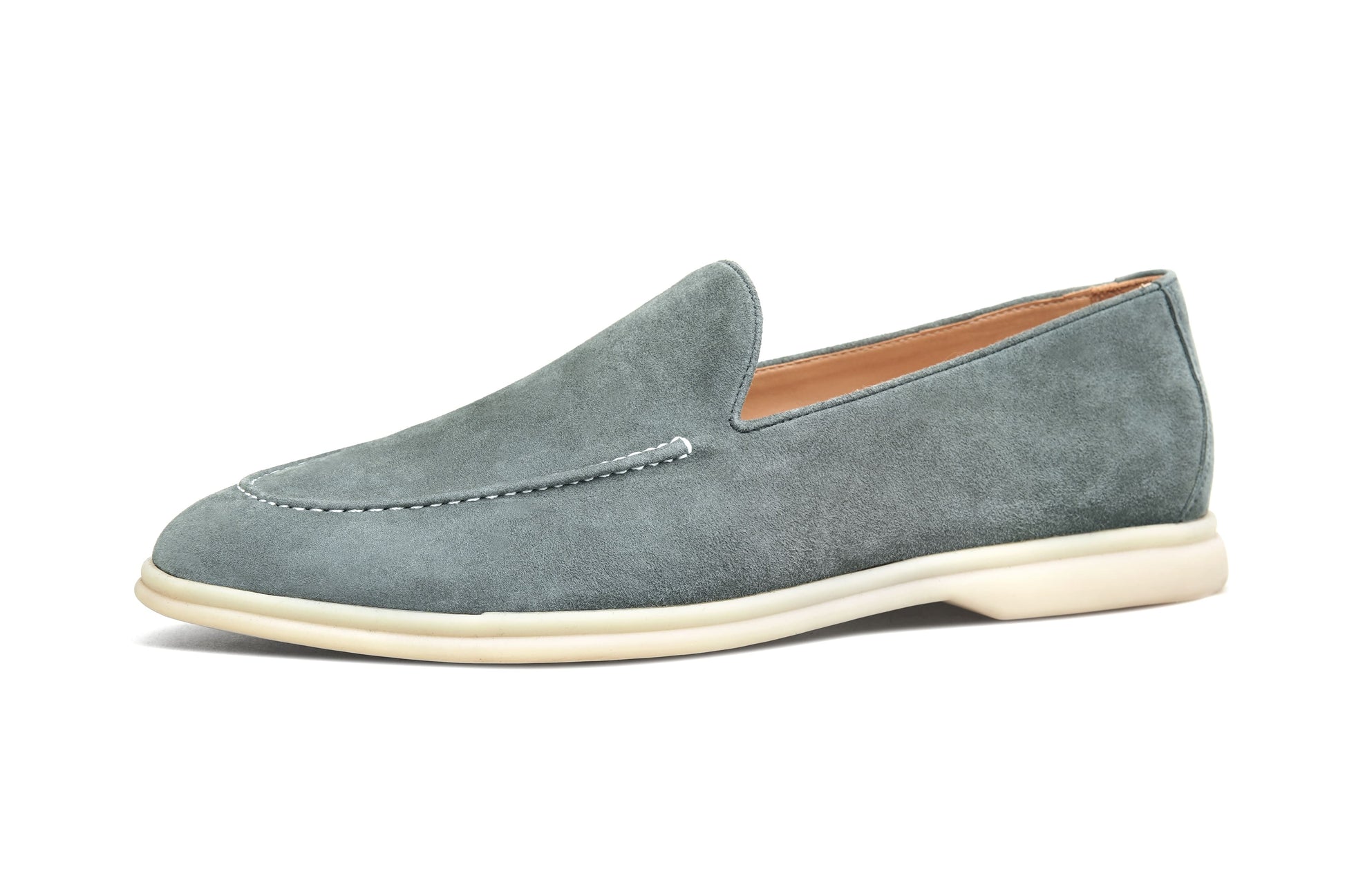 Men’s grey suede leather casual slip-on loafers with moccasin stitching and lightweight sole.