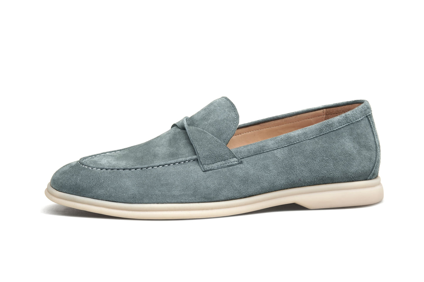 Men’s grey suede leather penny loafers featuring classic vamp strap detail and lightweight cream sole.