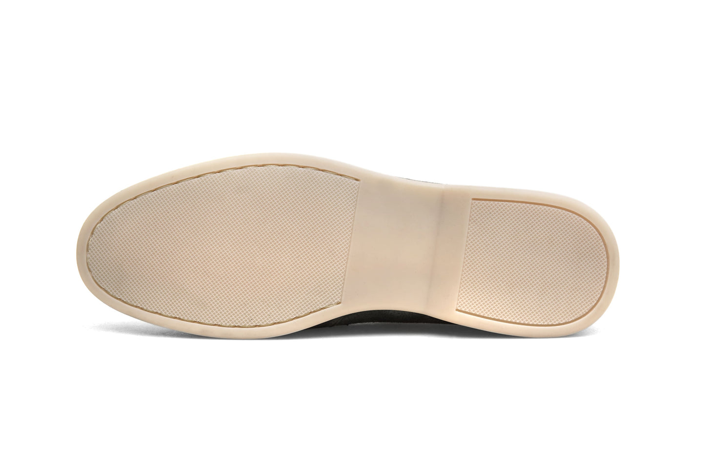 Men’s grey suede leather penny loafers featuring classic vamp strap detail and lightweight cream sole.
