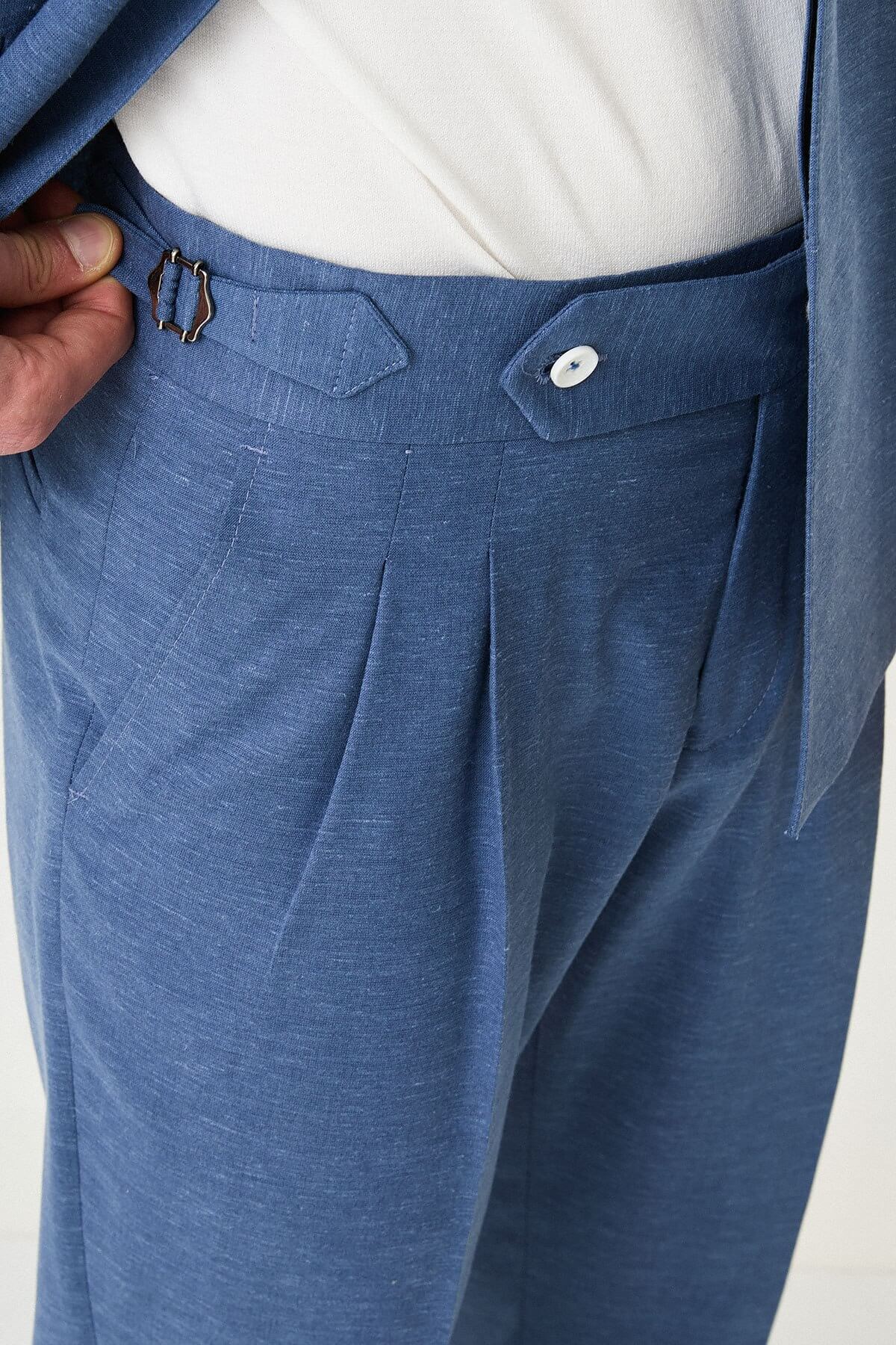 Indigo Slim-Fit Single-Breasted Suit for Men, tailored summer suit, styled for both formal and smart-casual occasions.