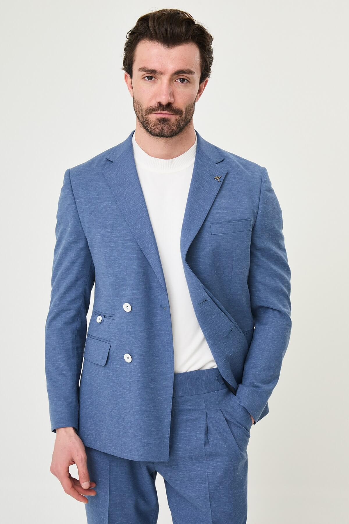 Indigo Slim-Fit Single-Breasted Suit for Men, tailored summer suit, styled for both formal and smart-casual occasions.