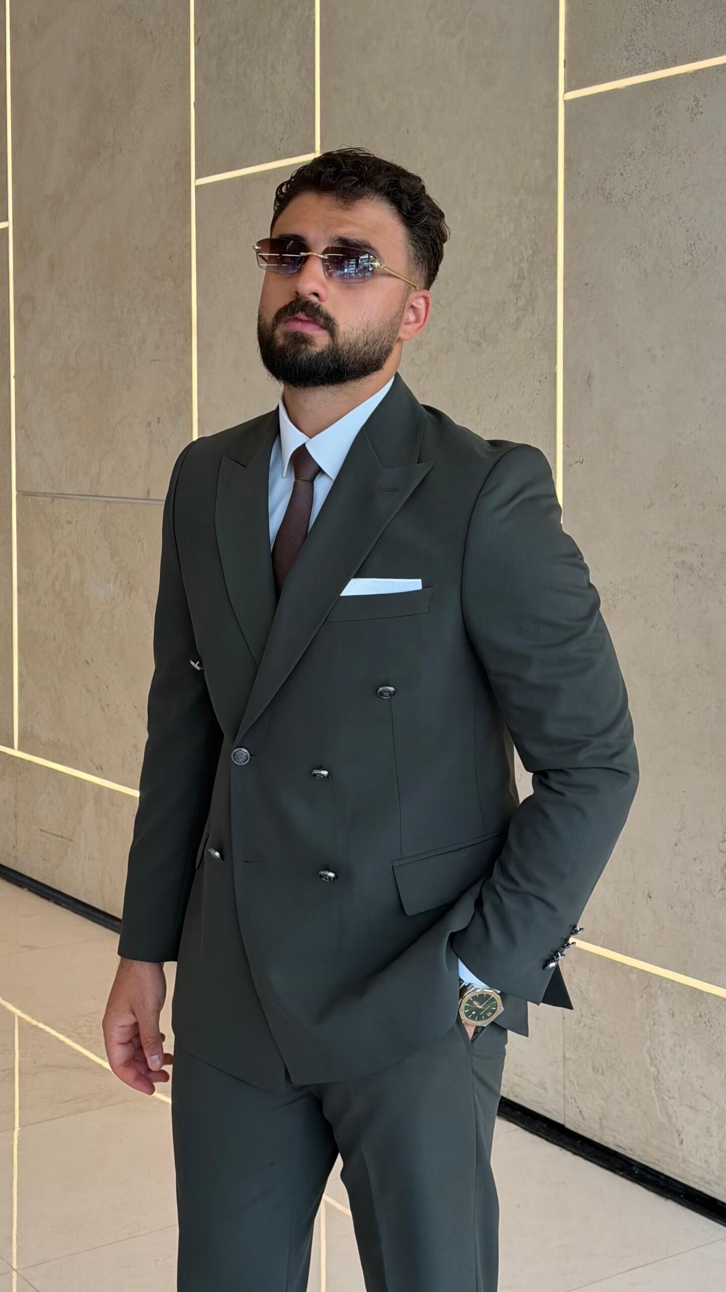 Men's khaki double breasted suit with tailored jacket and matching trousers