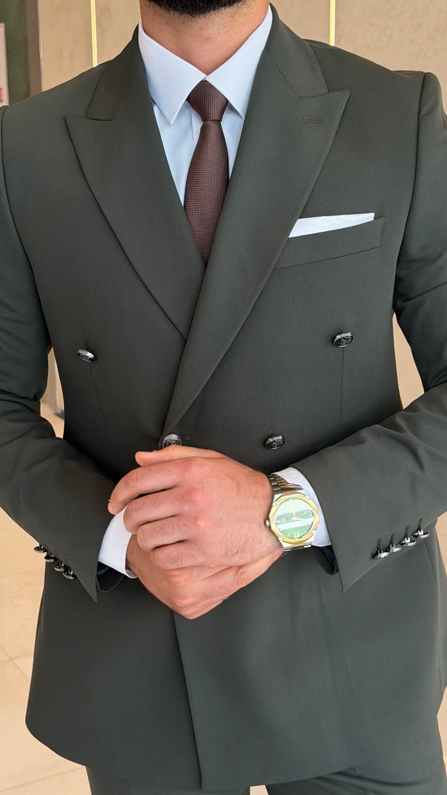 Men's khaki double breasted suit with tailored jacket and matching trousers