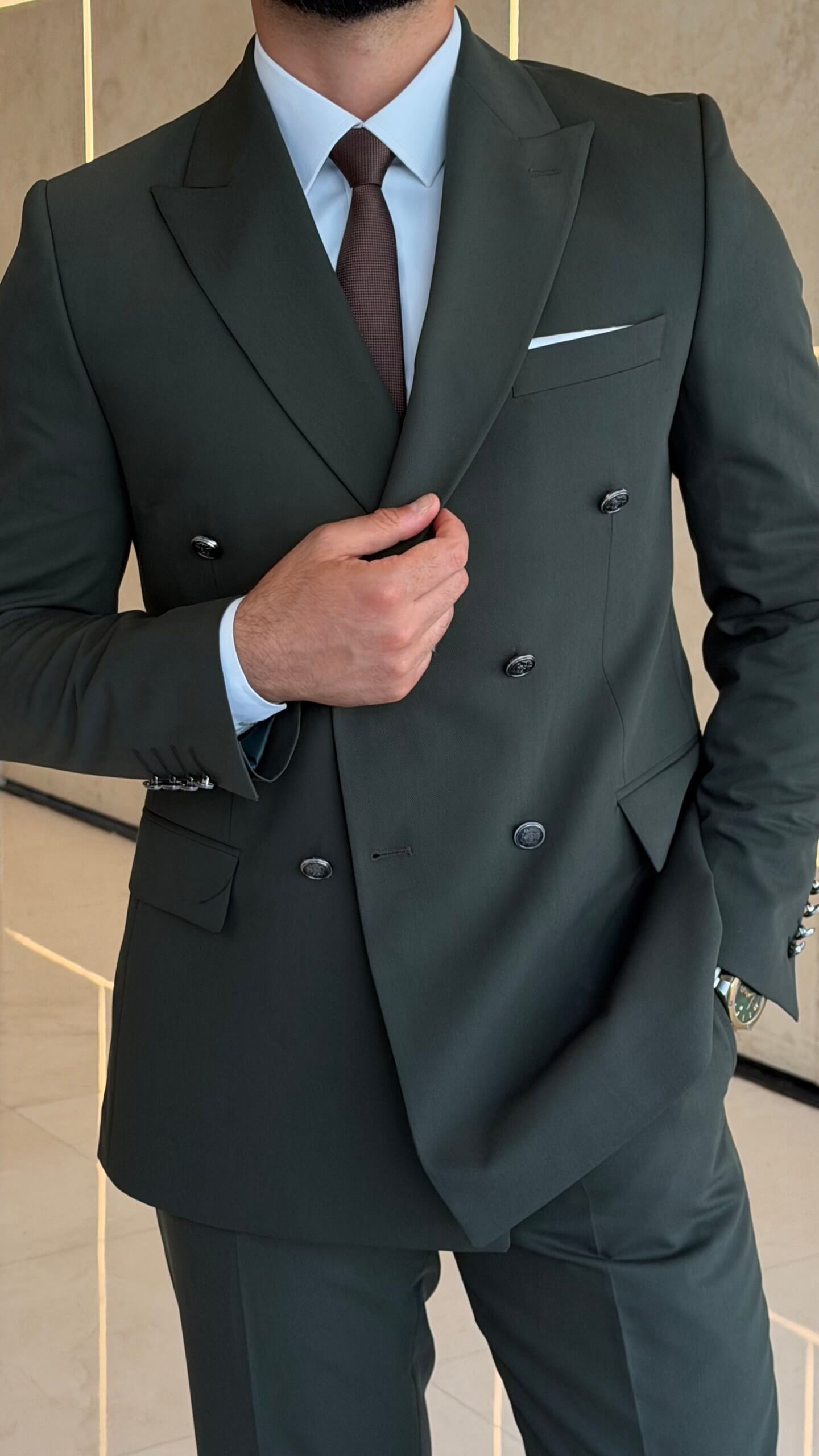 Men's khaki double breasted suit with tailored jacket and matching trousers