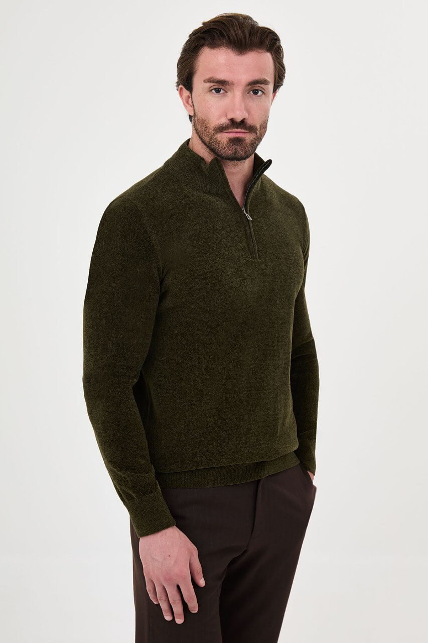 Men’s khaki zip neck knit sweater with cotton blend fabric for fall winter smart casual outfits.