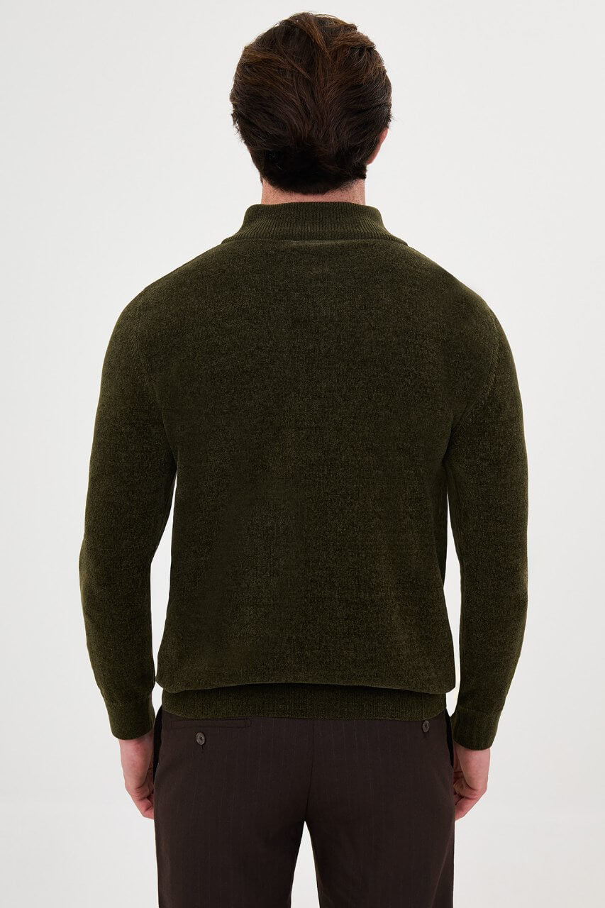 Men’s khaki zip neck knit sweater with cotton blend fabric for fall winter smart casual outfits.