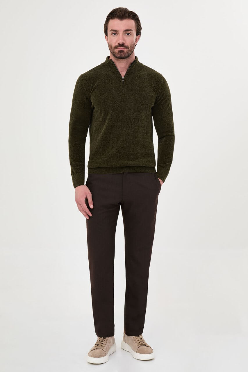 Men’s khaki zip neck knit sweater with cotton blend fabric for fall winter smart casual outfits.
