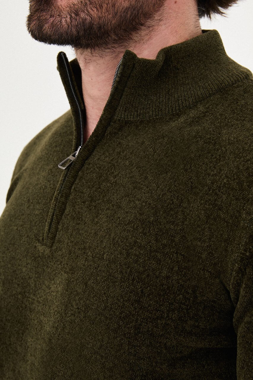 Men’s khaki zip neck knit sweater with cotton blend fabric for fall winter smart casual outfits.