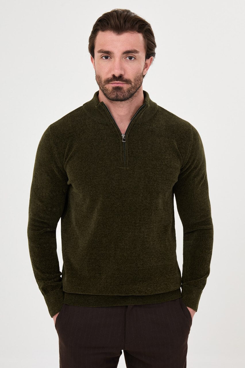 Men’s khaki zip neck knit sweater with cotton blend fabric for fall winter smart casual outfits.