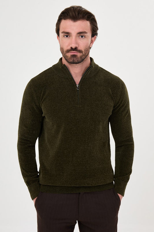 Men’s khaki zip neck knit sweater with cotton blend fabric for fall winter smart casual outfits.