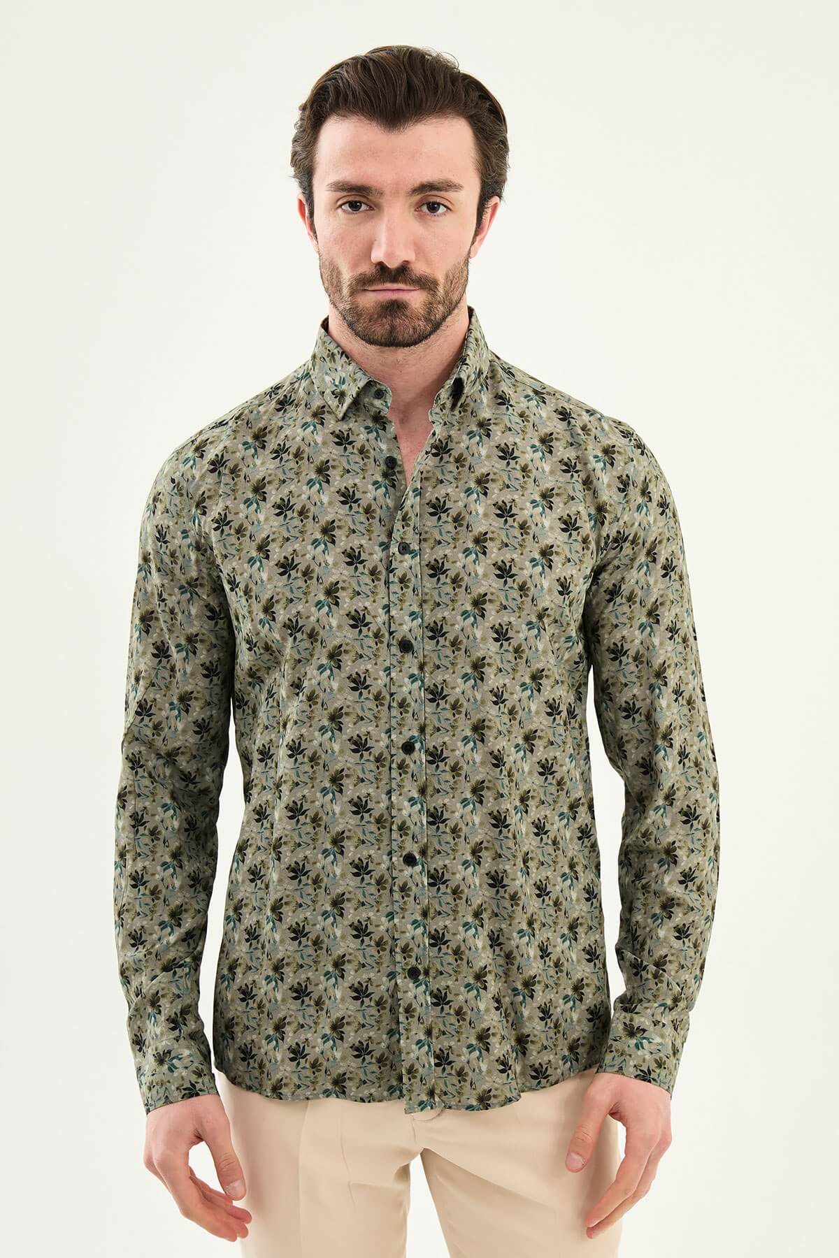 Khaki long-sleeve men’s shirt with floral pattern, slim fit, modeled front view, summer collection.