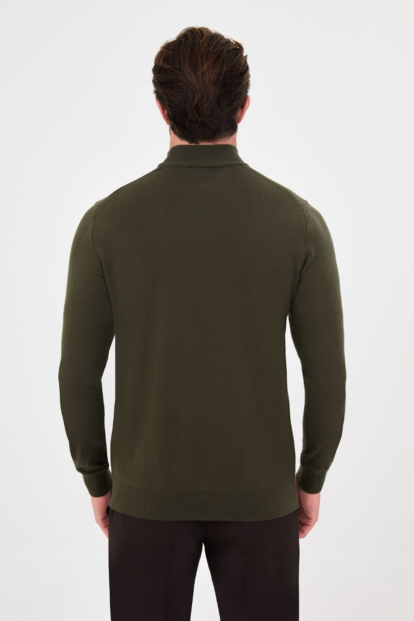 Men's khaki mock neck cashmere blend knit sweater slim fit pullover for fall winter smart casual style